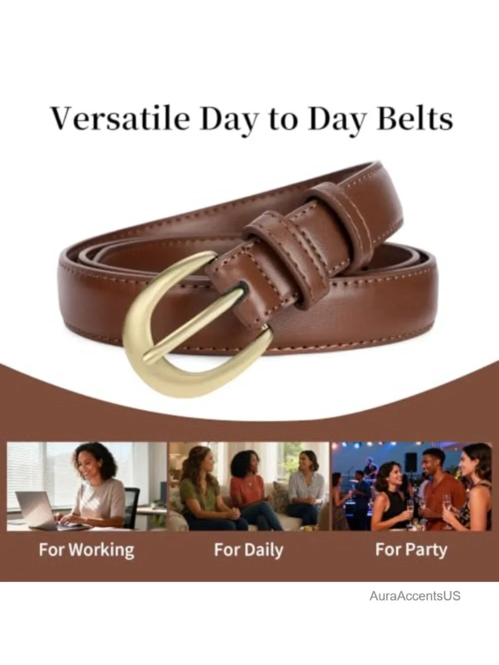 PU Leather Belt with Gold Buckle Fashion Waist Belt for Women